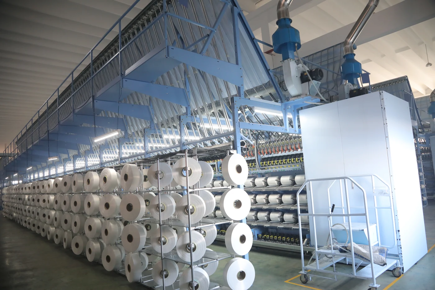 Rows of yarn spools on the production floor