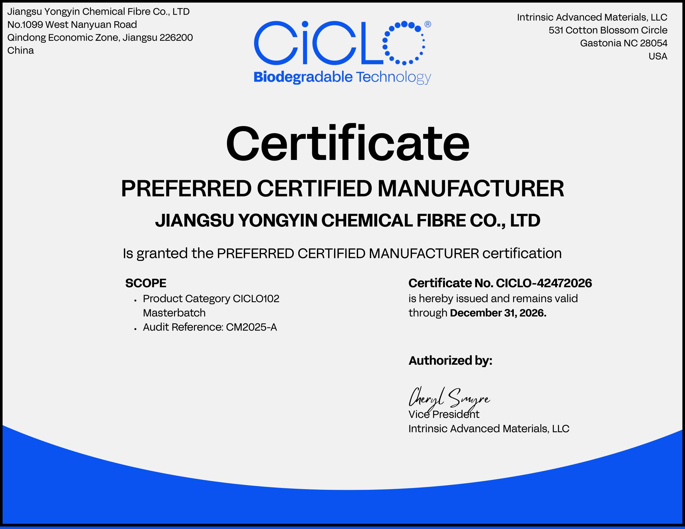 CiCLO Certificate（Yongyin Chem. Fibre）